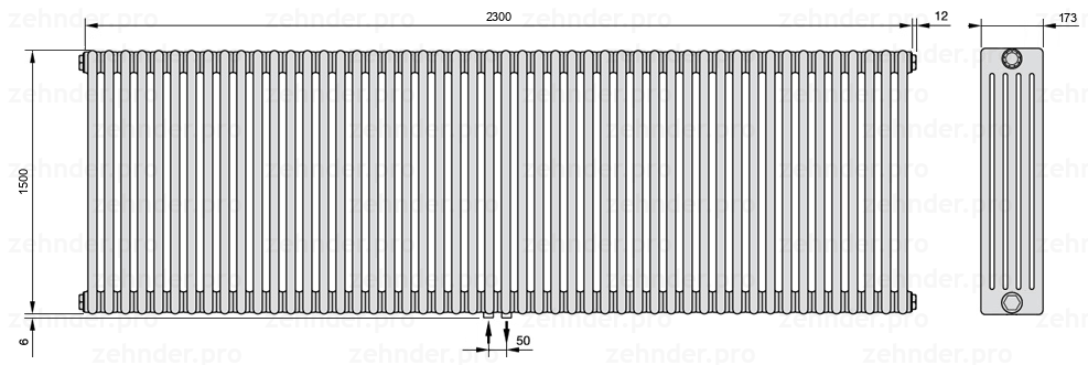 Схема (чертеж) Радиатор Zehnder Charleston 5150/50 №3470 Белый глянцевый RAL 9016